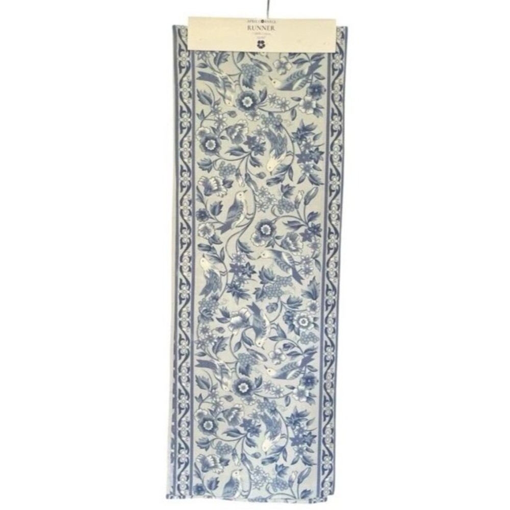 April Cornell Blue Table Runner 16x90 Floral Birds 100% Cotton French Country